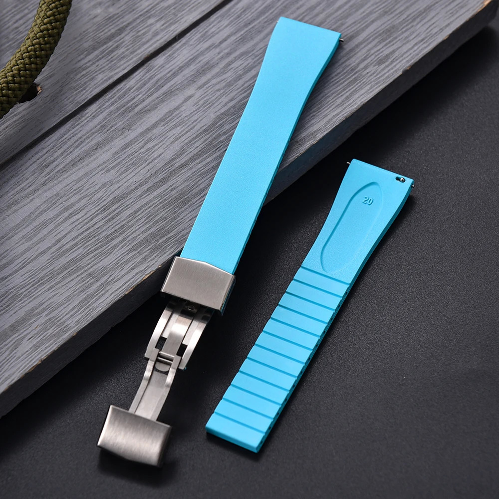 CTS FKM Rubber Watch Strap 16mm 18mm 19mm 20mm 21mm 22mm FKM CTS Watchband Quick Release Butterfly Silver Buckle CutToSize 251016