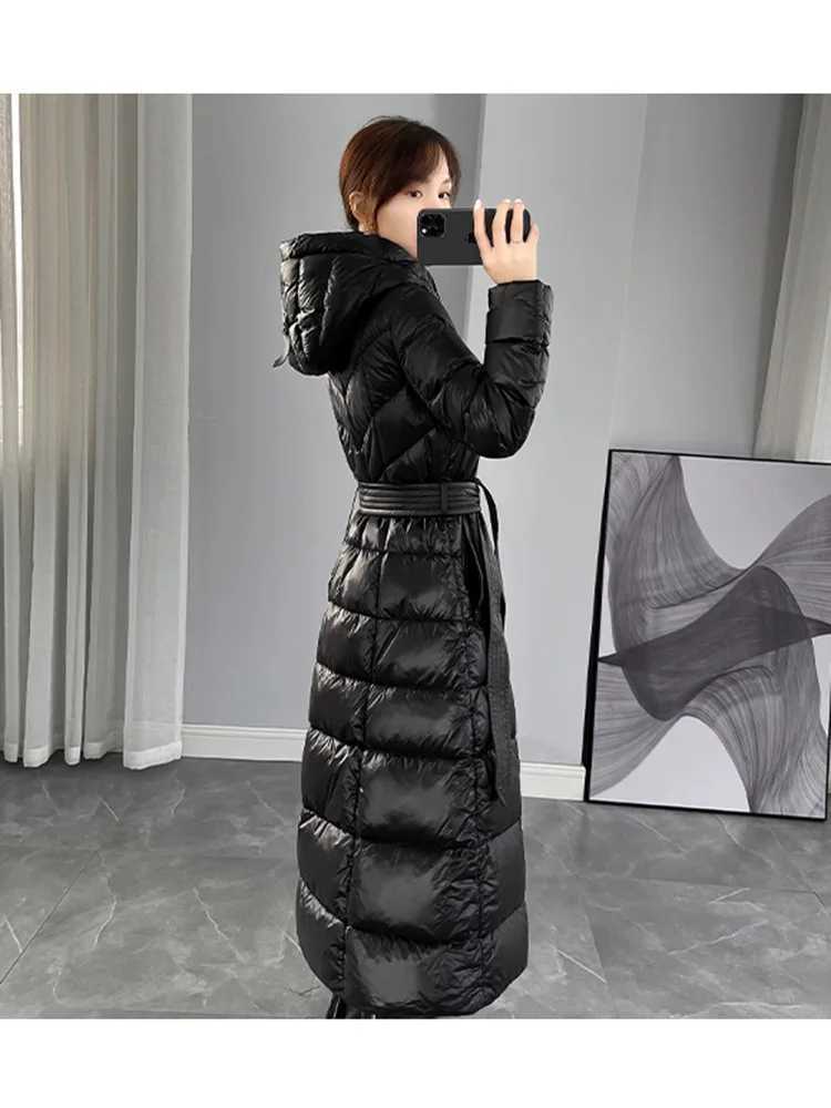 Ladies Winter Long Down Jacket High Grade Zipper Belt Black Navy Blue Down Coat Down Jacket Women Coats W251016