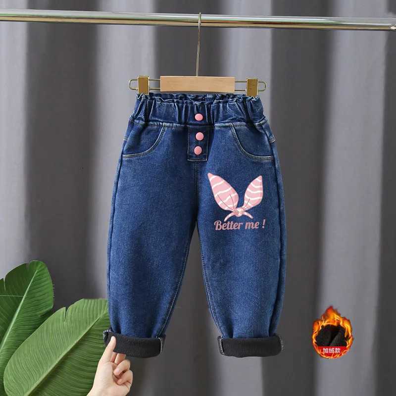 Korean version childrens jeans winter girls with plush thick High waist elastic cartoon printed jeans babies warm pants16YT251017
