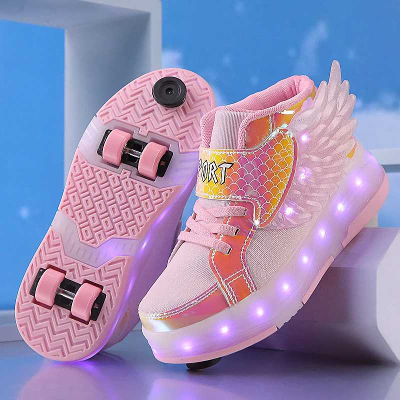 Childrens Led Light Roller Skate Shoes Kids Casual Sport 4 Wheels with Brake Sneaker Girl Boy Wing Boots Birthday Gift FootwearT251017
