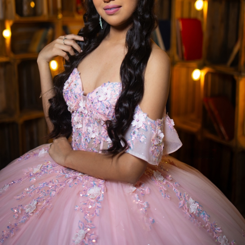 Pink Shiny Quinceanera Dresses Off The Shoulder Applique Lace Beading Crystal Tull Party Birthday Sweet 16 Dres Vestidos 15 De Anos
