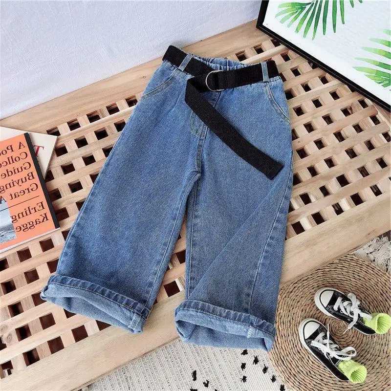 New Girl Denim Trousers Children Jeans for Girls Autumn Solid Color Elastic Waist Loose Denim Jeans Wide Leg Pants for Teen KidsT251017