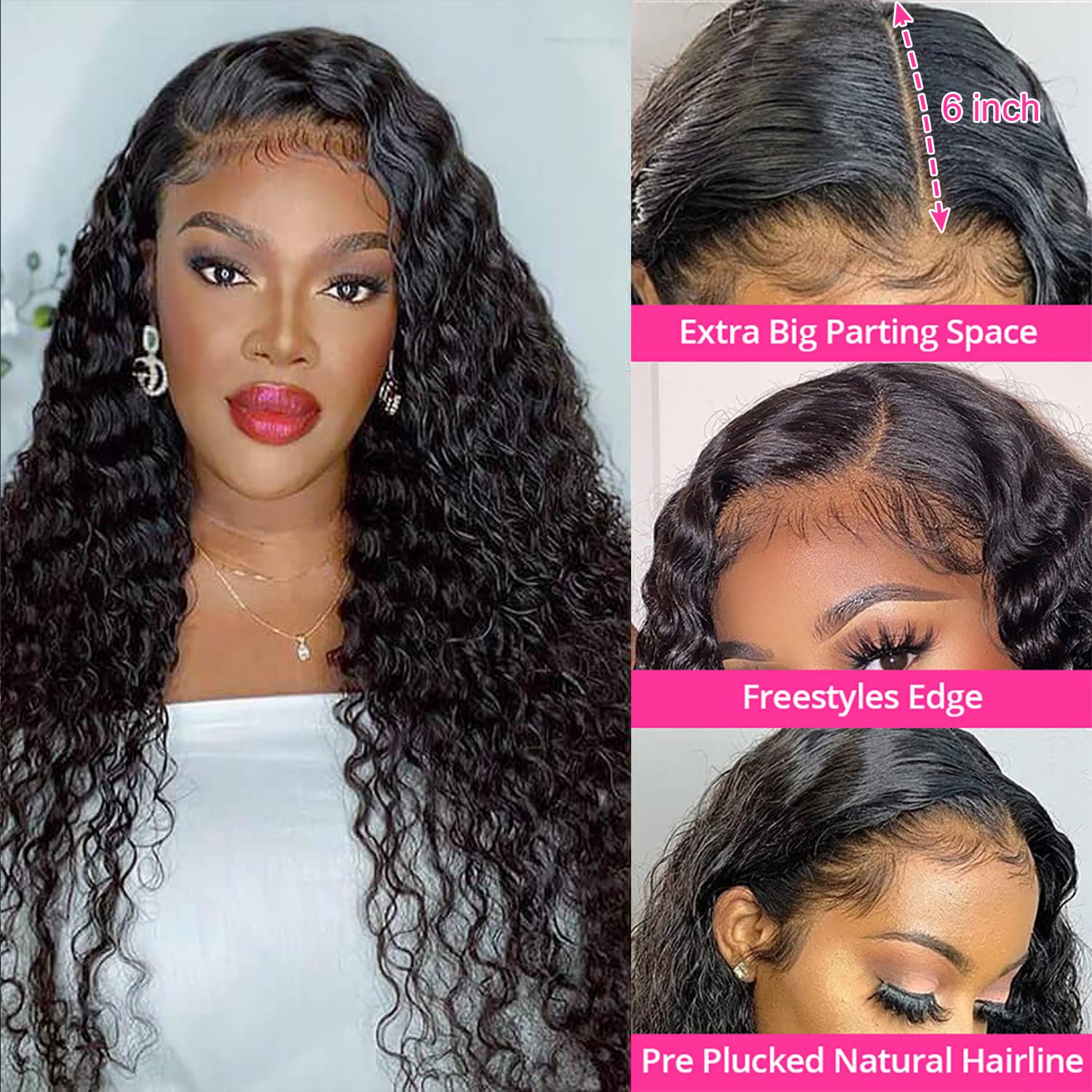 13x6 Water Wave Lace Front Wig Human Hair 180 Density Pre Plucked with Baby Hair Natural Color 16-34 Inch Wet and Wavy