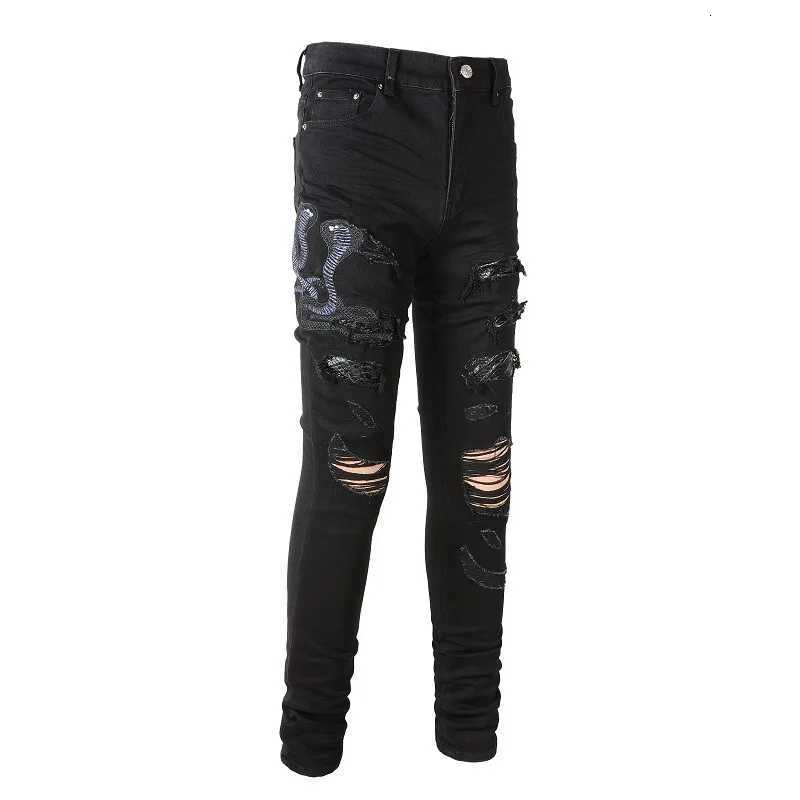 Men Snake Embroidery Jeans Skinny Tapered Stretch Denim Pants Streetwear Holes Ripped Leather Patch Patchwork Trousers Black1 Y251105