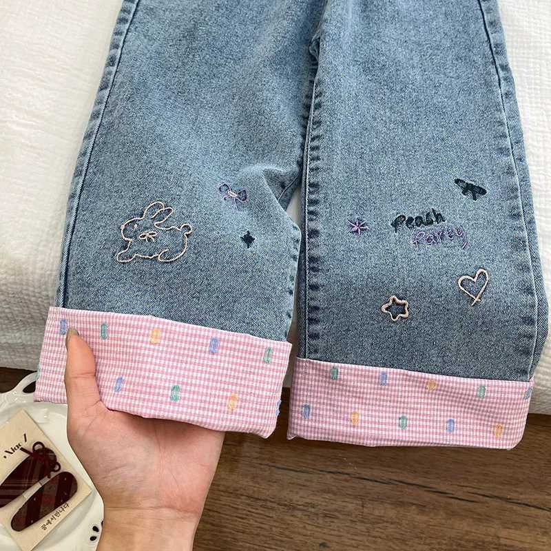 Kids Girls Pants Spring Autumn Korean Style Plaid Embroidery Loose Straight Wide Leg Denim Pants Childrens Casual Trouser A4389T251017