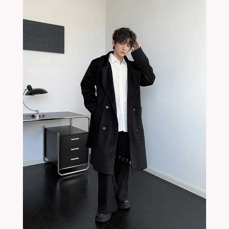 Mens DoubleBreasted Wool Blend Overcoat with Belt Loose Fit Solid Color Stand Collar MidLength Trench Coat for Autumn Winter J251017