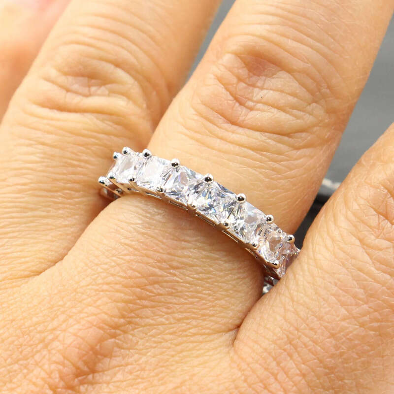 Rulalei Brand Stunning Jewelry Sterling Sier Princess Cut Full White Topaz CZ Dia Gemstones Women Wedding Finger Ring Gift