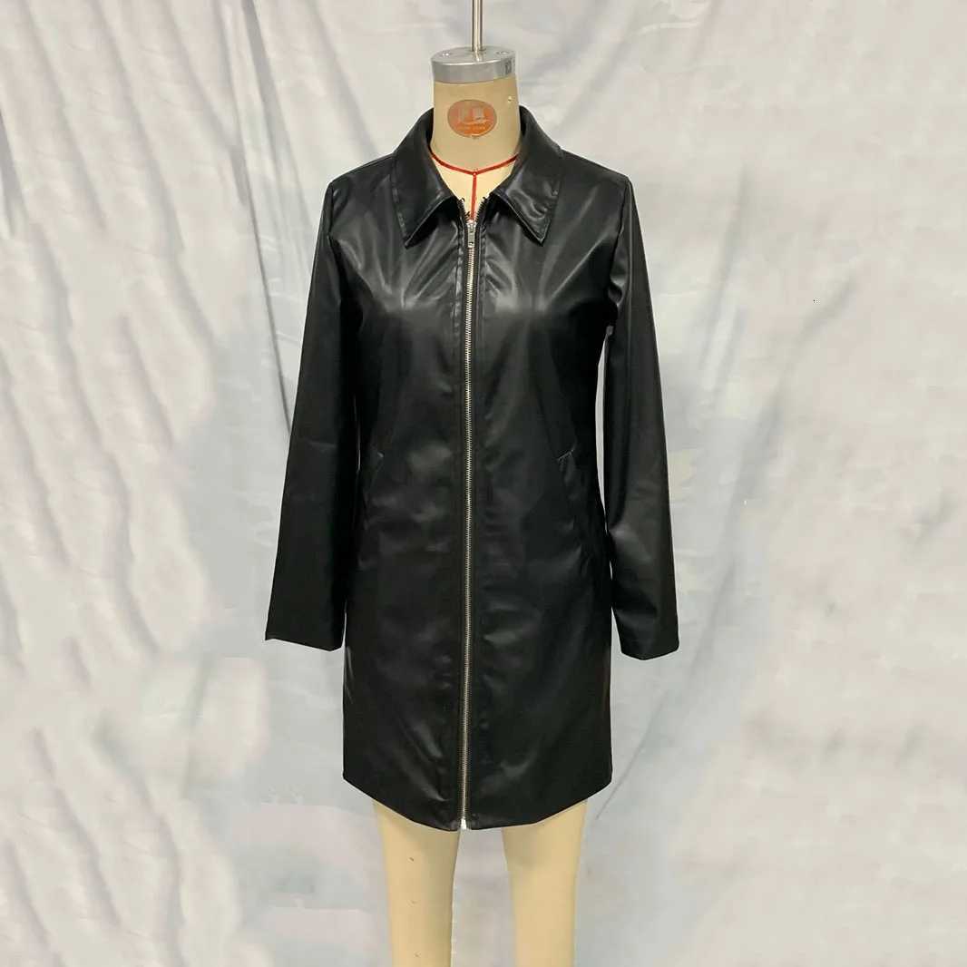 2025 Autumn Winter New Women Mid Length Faux Leather Jacket Office Lady Zipper Elegant Casual Warm CoatT251017