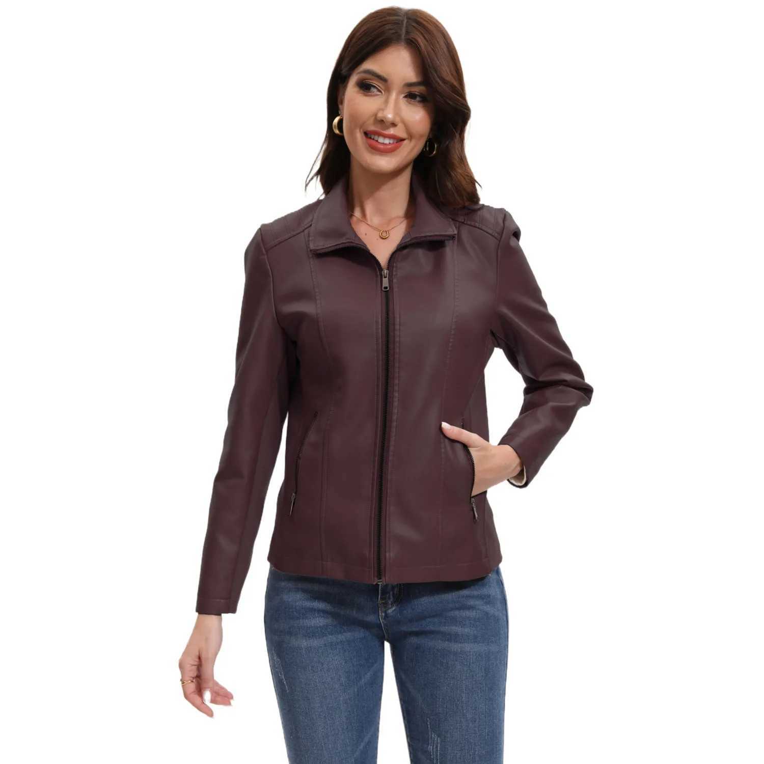 New In 2025 Fashion Womens Pu Leather Jacket Ladies Autumn Winter Solid Color Zipper Black CoatsT251017