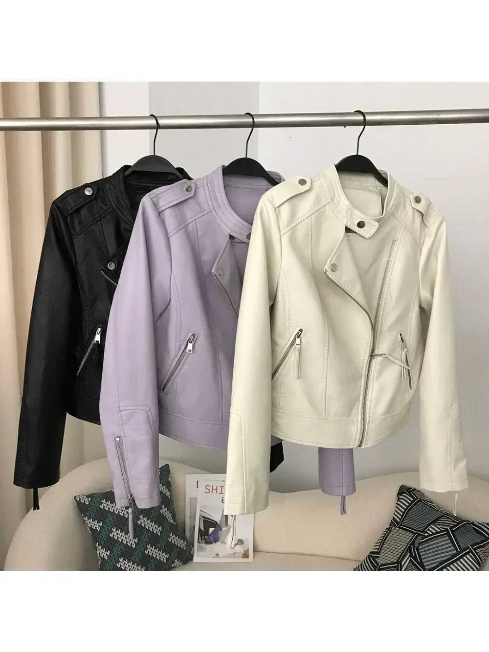 Ladys PU Leather Coat Trend Stand Collar Slim Zipper Simple Cropped Leather Jacket for Women Spring Autumn Motorcycle JacketsT251017