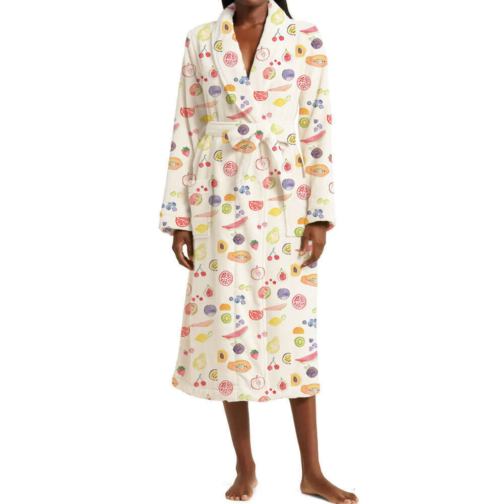 Fruit Print Autumn Winter New Thickened Lace-Up Nightgown Bathrobe Long Sleeve Loungewear B5