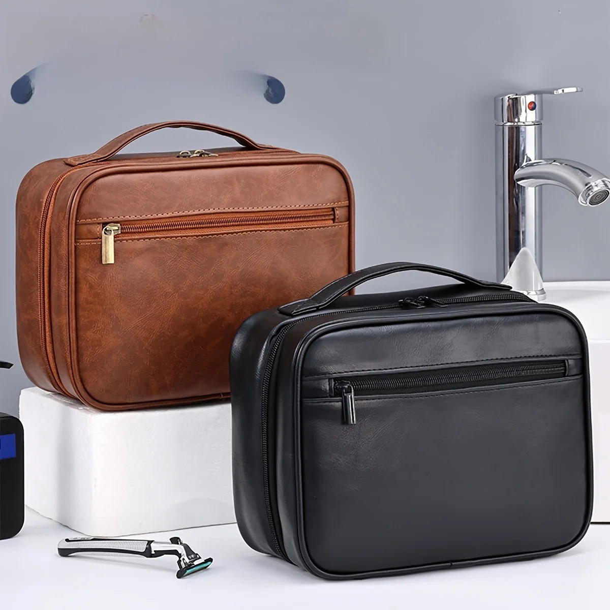 Men Vintage PU Toiletry Bag Travel Necessary Business Cosmetic Makeup Cases Male Hanging Storage Organizer Wash Bags251011
