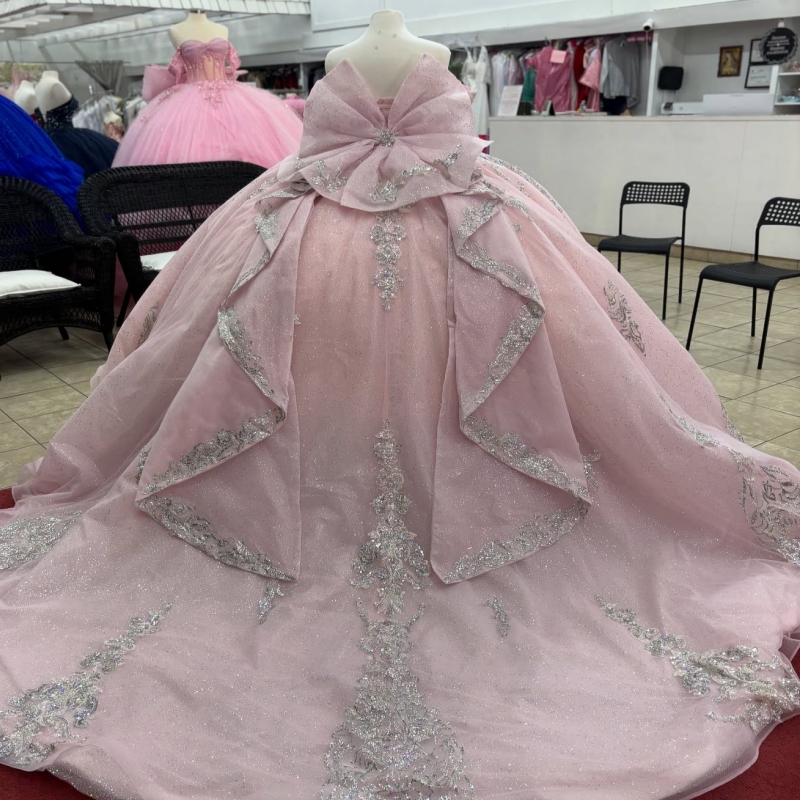 Light Pink Shiny Quinceanera Dresses Off The Shoulder Sequin Applique Lace Beading Crystal Bow Tull Corset Party Birthday Sweet 16 Dres Vestidos 15 De