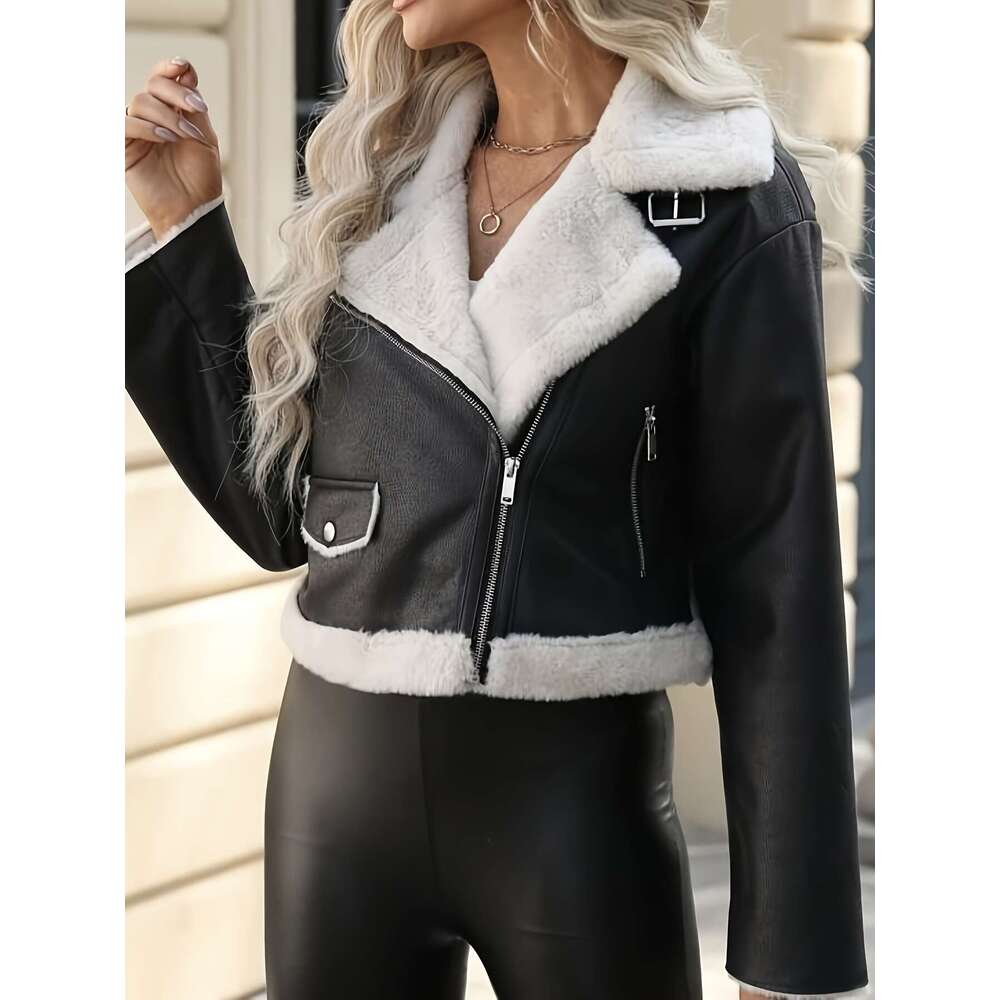 Elegant Coat Women's Jacket | Black Exterior With Cozy White Faux Fur Lining, Zippered Front Closure, Classic Collar, Functional Pocket Hine Wash