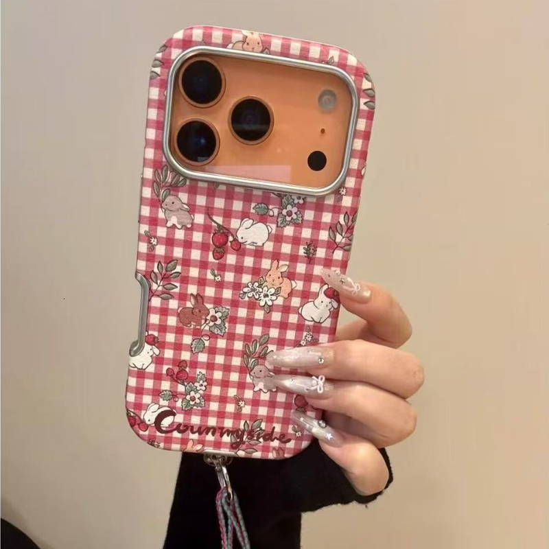 Fresh Red White Checkered Flower Strawberry Rabbit Case for iPhone 17 Pro, Apple 16, and 15 New Model