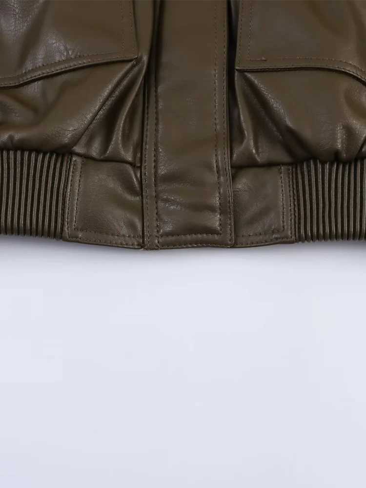 European and American style autumn new fashion womens clothing versatile imitation leather stand collar long sleeve short jackeT251017