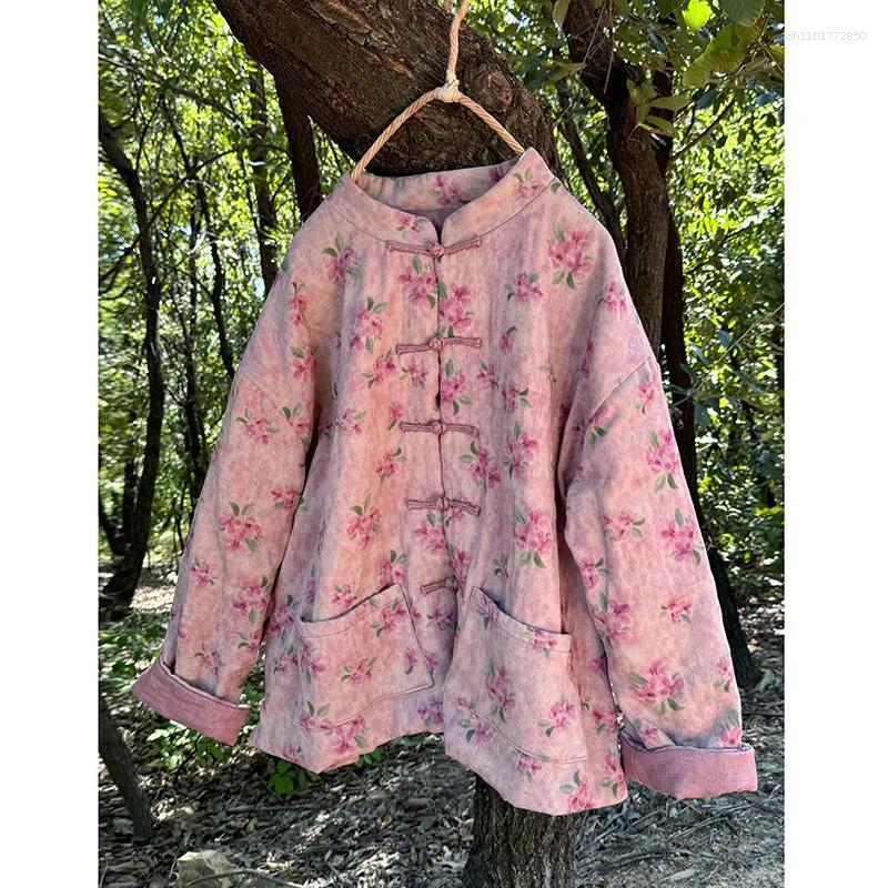 Women's Jackets Thick Warm Cotton Linen Casual Coats Women 2025 Autumn Chinese Style Vintage Floral Print Loose Female Padded M176