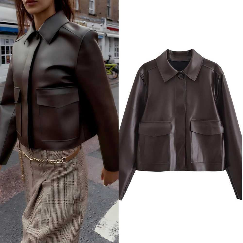 Womens new fashion suit collar design short imitation leather jacket Coat retro long sleeved Buttonup womens Coat chic topT251017