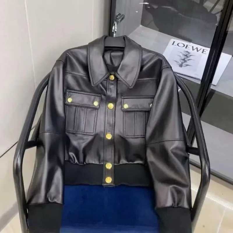 Luxury Womens Black Leather Jacket PU Leather Coat Spring Autumn Metal Button Pocket Outerwear Streetwear Short Top Long SleeveT251017