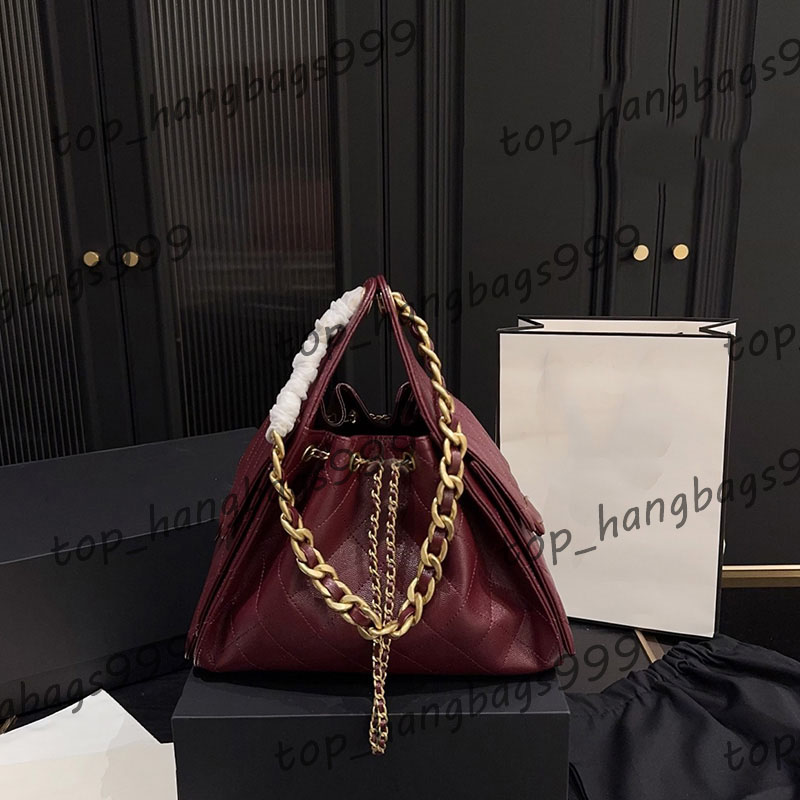 Burgundy Caviar Cowhide Leather Drawstring Bucket Hobo Shoulder Bag With Gold Matelasse Chain Pockets Check Plaid Designer 25C Womens Outdoor Handbag 26X20CM