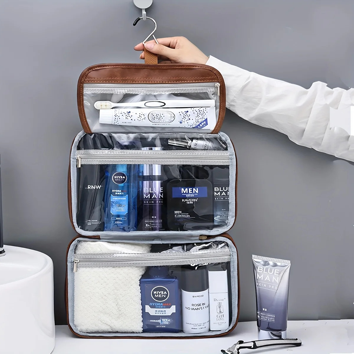 Men Vintage PU Toiletry Bag Travel Necessary Business Cosmetic Makeup Cases Male Hanging Storage Organizer Wash Bags251011