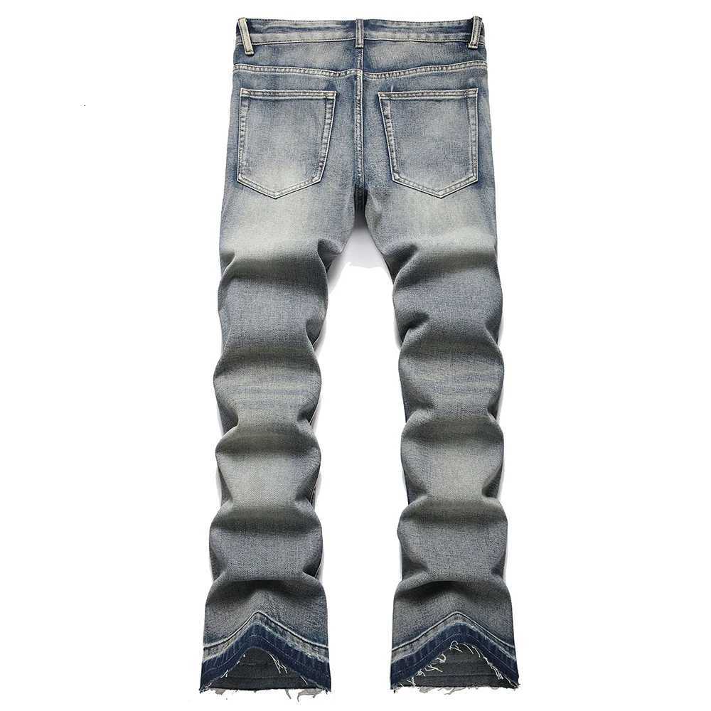 Mens Boot Cut Jeans Streetwear Patches Released Hem Pants Vintage Blue Embroidery Patchwork Flared Trousers Y251105