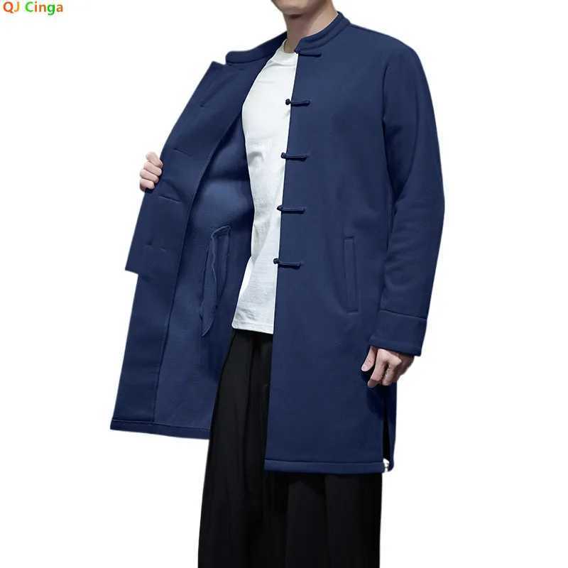 Chinesestyle Blue Long Jacket Mens Gray Singlebreasted Standup Collar Trench Coat Spring Fall Winter Top J251017