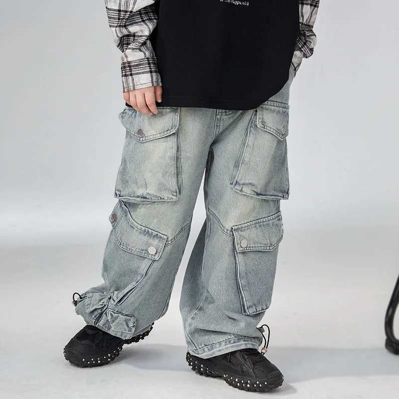 Boys Cargo Jeans Spring and Autumn 2025 New Teenagers Children Loose Straight Tube Boys American Multipocket Pants TrousersT251017