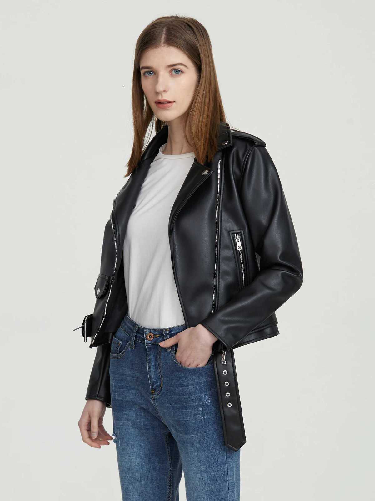 Womens Moto Biker Black Punk Coat Lady with belt Leather Jacket Faux PU Leather OuterwearT251017