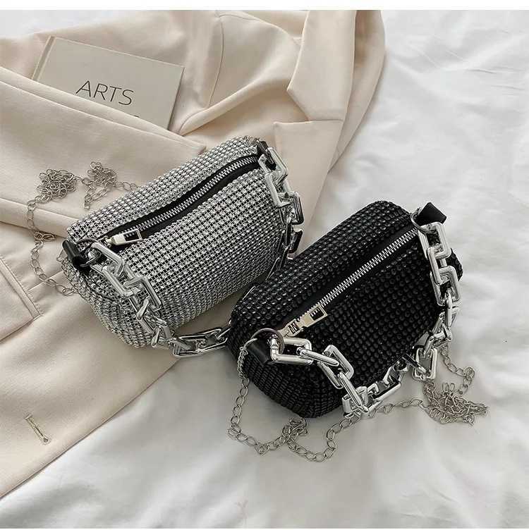1pc New Portable Fashion Womens Crossbody Bag With Bright Diamonds And Metal Chains PU Material For Dinner Parties Everyday Z251017