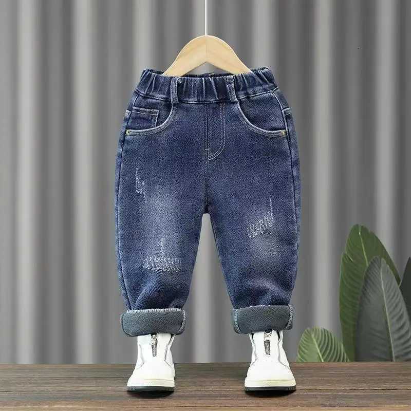 New Childrens Plush Jeans Allinone Plush Boys Pants Autumn And Winter Boys And Girls Winter Clothing Thickened Outerwear TrendT251017