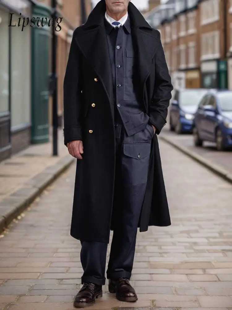 Autumn Winter Warm Woolen Coats Mens Vintage Turndown Collar Double Breasted Long Jackets For Men Outdoor Casual Trench Coat J251017