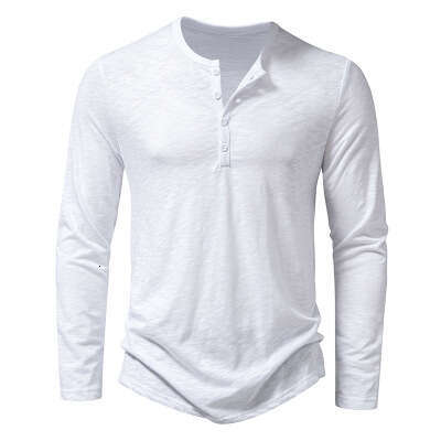 Men's Bamboo Cotton Henley Collar Polo Shirt Fashion Long Sleeve T-Shirt Men B5