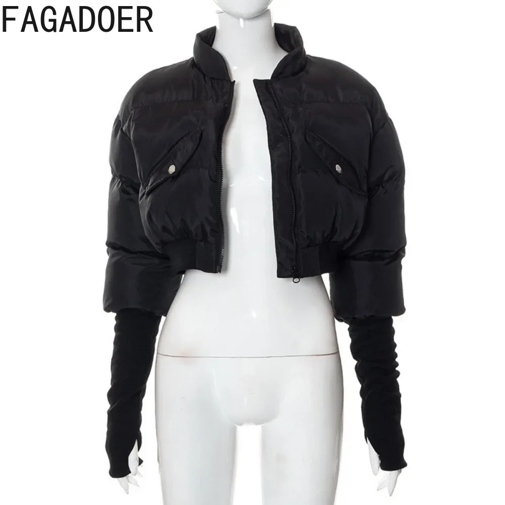 FAGADOER Winter Sweet Puffy Jacket Women Solid Color Zipper Crop Top Jacket Patchwork Puffer Fashion Streetwear Coats 251011