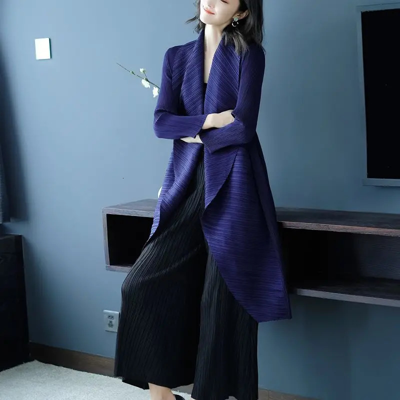 Pleated Coat Turn Down Collar Long Sleeve Midlength Trench Coat Oversized Windbreaker Cardigan Highend Chic Jackets 251013