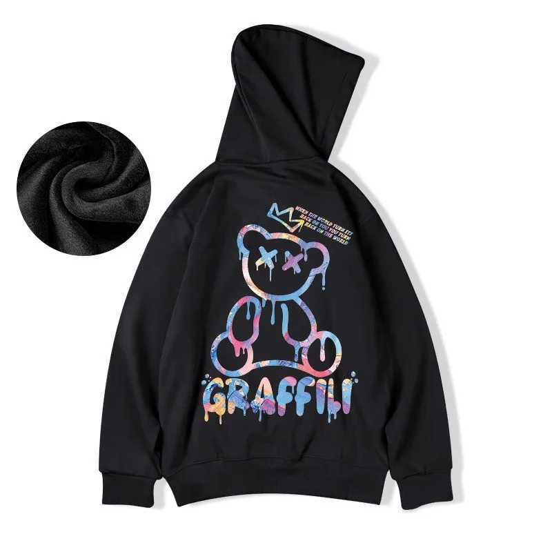 High Street Graffiti Bear Print Mens Fleece Hoodie Retro Autumn Casual Pullover Hooded Sweatshirts Hip Hop Y2K Hoodies Clothes Z251017