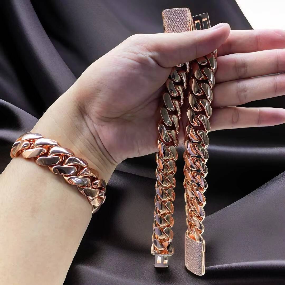 Customized Moissanite 14K Rose Gold Plated Cuban Chain 3D Clasp Miami Cuban Link Chain