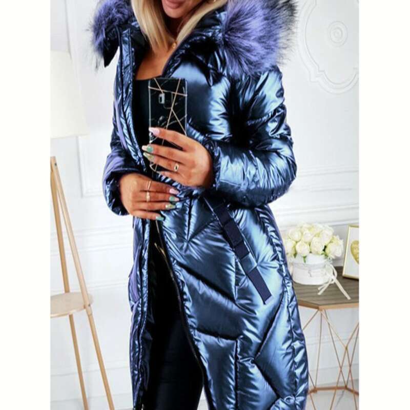 Women's Glossy PU Fur Collar Slim Cotton-Padded Long Sleeve Zipper Fashion Warm Women's Coat.