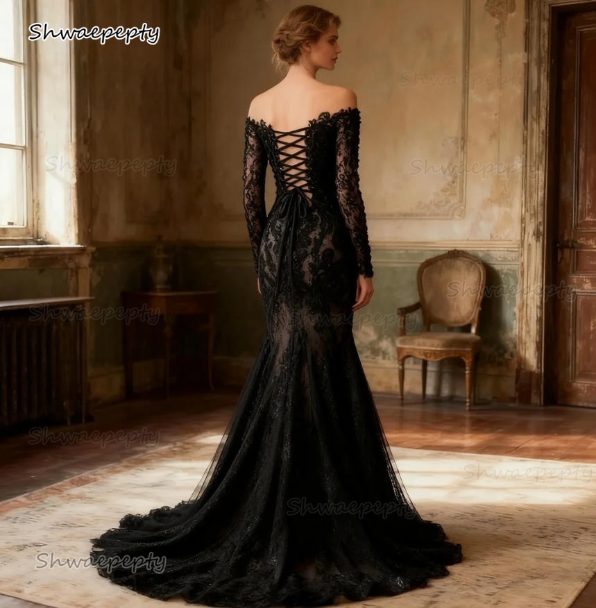 Gothic Black Lace Mermaid Wedding Dresses Long Sleeves Lace Appliques Backless Corset Vintage Bridal Gowns Custom made Vestidos De Novia