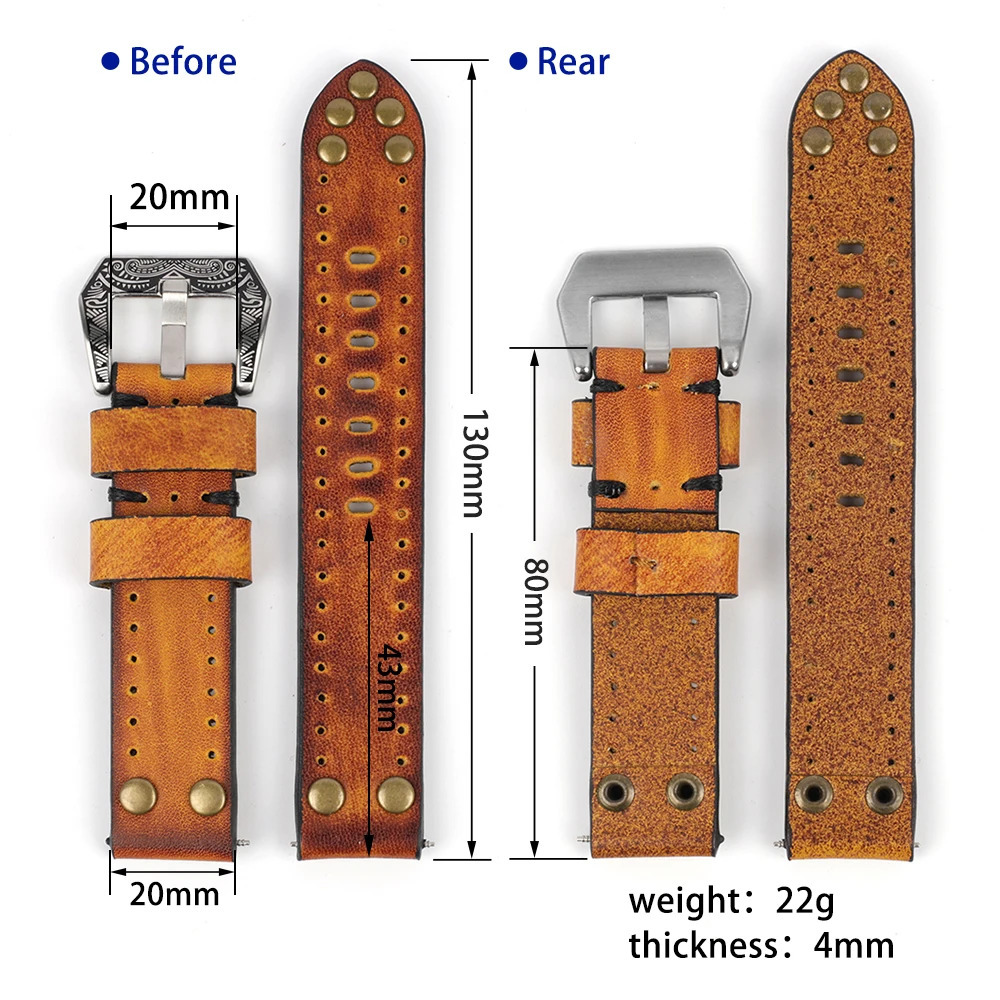 18mm 20mm 22mm 24mm Genuine Leather Watchbands Rivet Leather Watch Strap Replacement Carving Strap Vintage Watches Accessories 251016