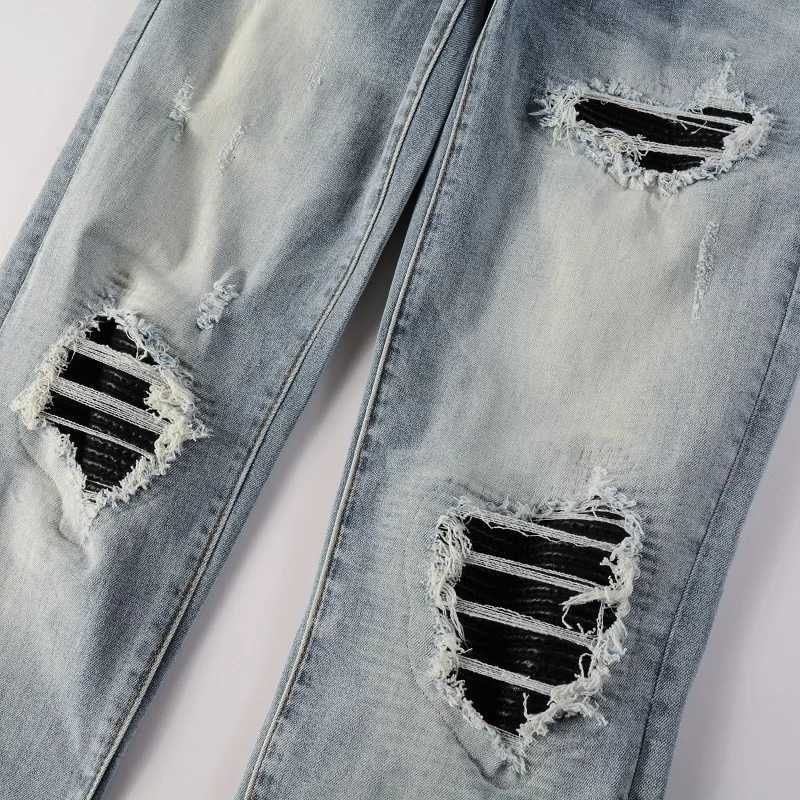 Men Leather Patches Denim Jeans Streetwear Holes Ripped High Stretch Pants Light Blue Skinny Tapered Trousers Y251105