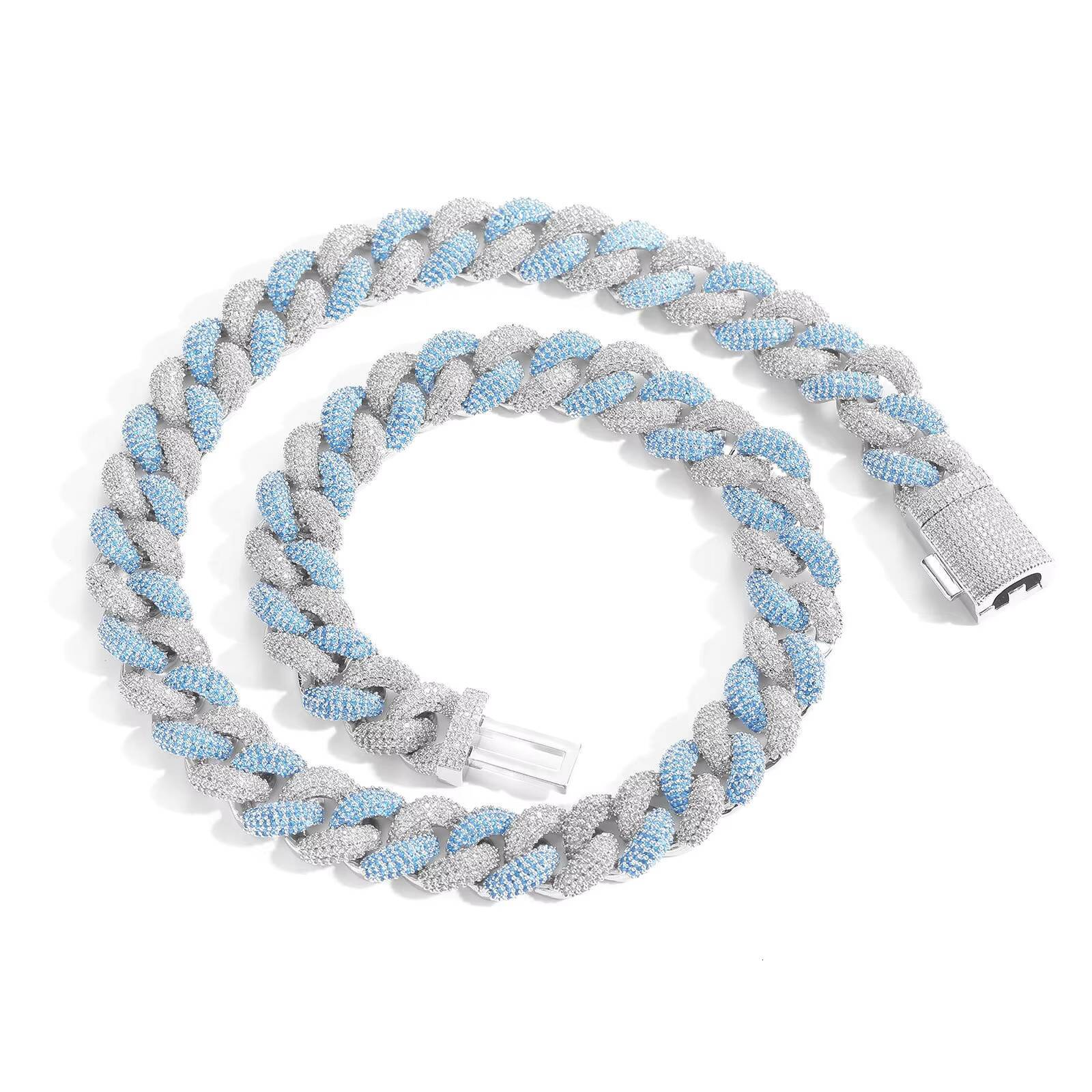 14MM Blue Stylish Streetwear Jewelry Brass Two Tone Iced Out Cuban Link Chain Necklace for Men