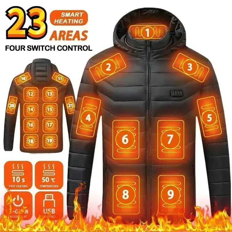25 Areas Heating Jackets Mens Self Heating Parka Womens Warm USB Electric Vest Heating Down Cotton Jacket Winter Ski Clothes 6XL H251017