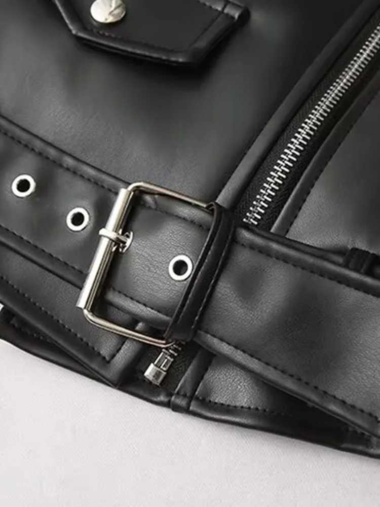 DiYiG WOMAN 2024 Autumn New Fashion Lazy Style with Belt Imitation Leather Biker Top Chic Lapel Zipper Jacket Outerwear MujerT251017