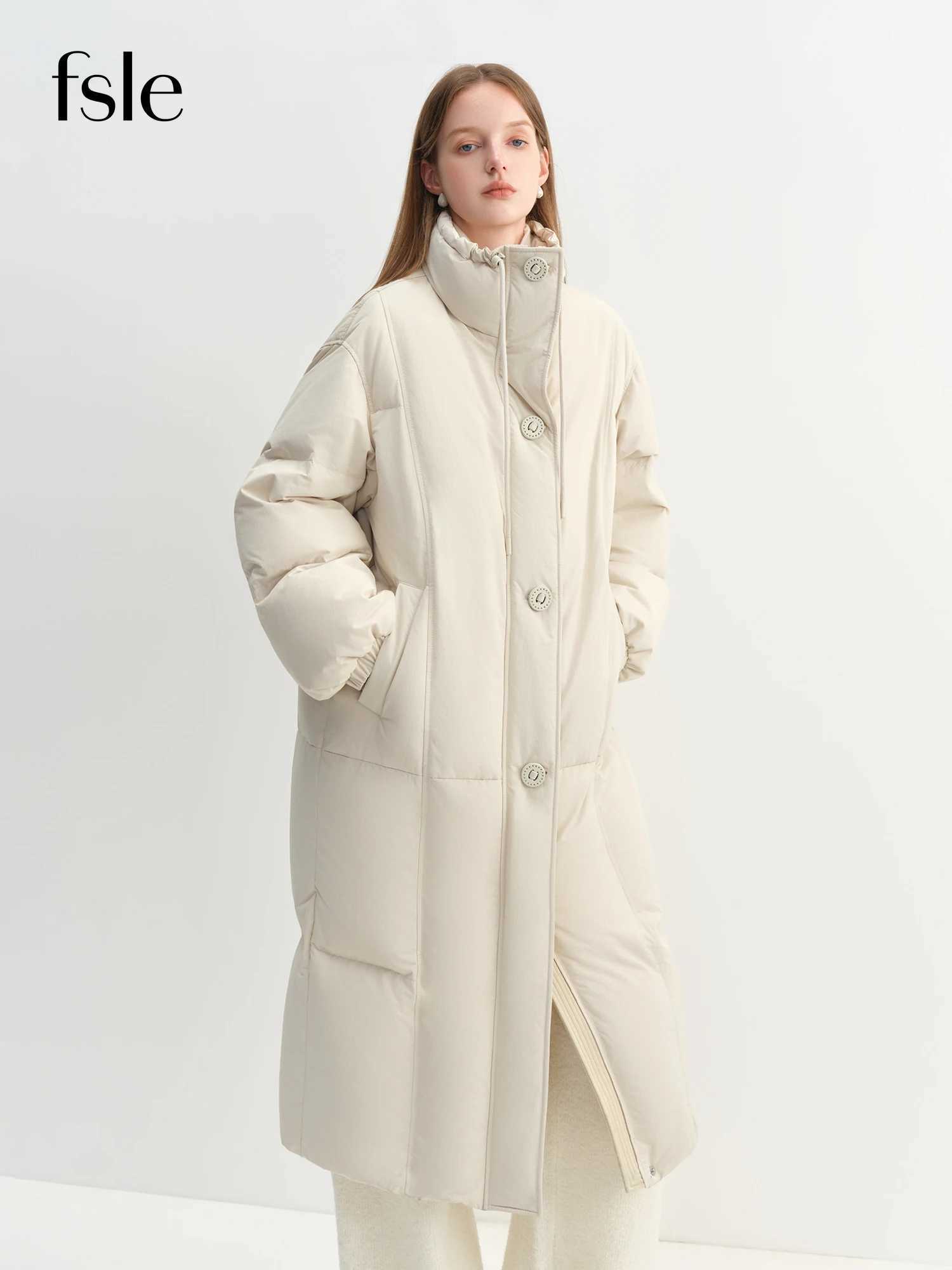 FSLE Winter Women MidLength Puffer Downcoat with Stand Collar Korean Style Slouchy Down Jacket Loose Fit Warm Soft Outerwear W251016