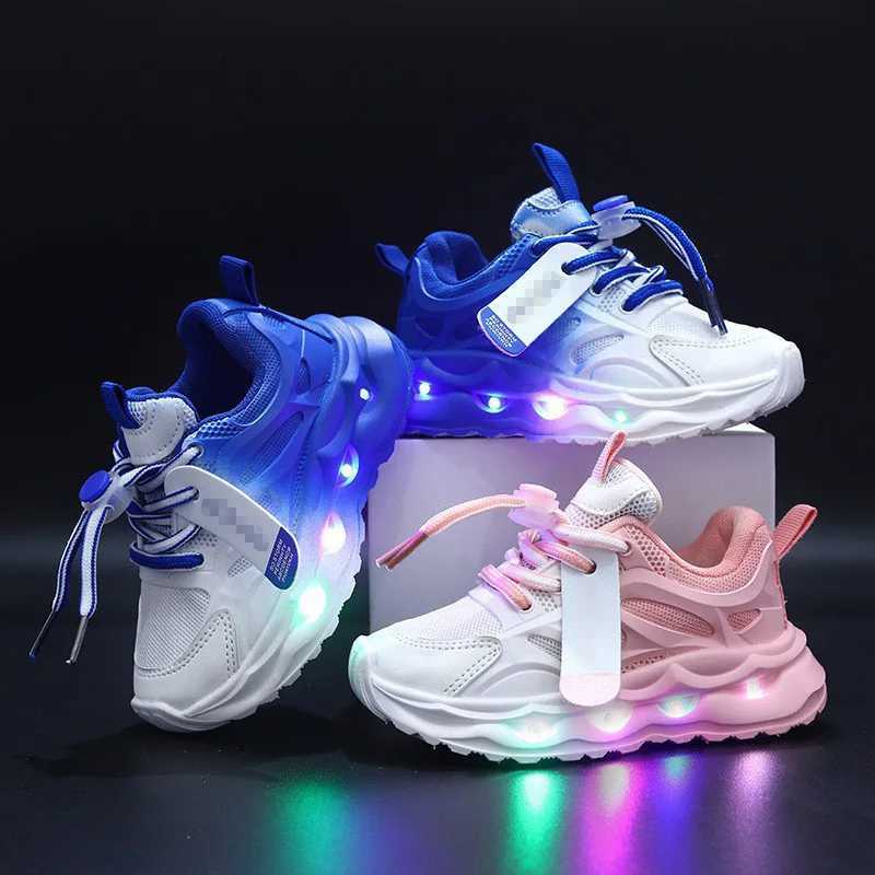 Autumn Childrens Sports Shoes Gradient Color Leather Boysgirls Luminous LED Light Shoes Boys Casual Sneakers 16 Years OldT251017