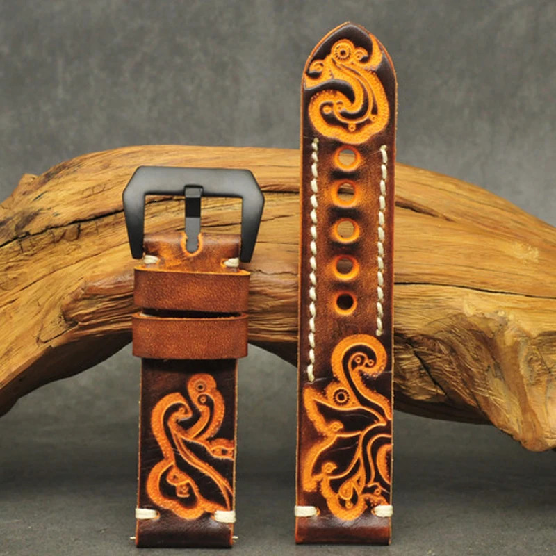 Vintage Carving Men Watch Strap Handmade Stitched Embossed Leather Watchband Black Buckle for Panerai 18mm 20mm 22mm 24mm 251016