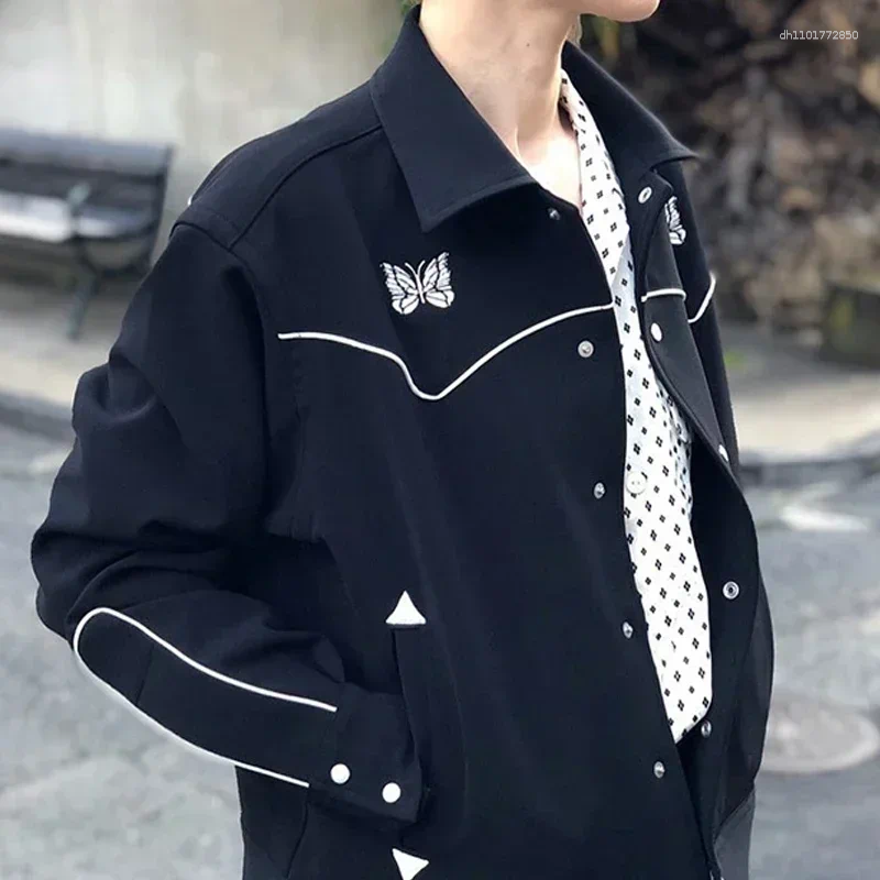 Men's Jackets Leisure Arrival Long Sleeve White Embroidery Lapel Collar Button Oversize Men Women Black Jacket