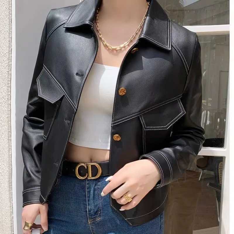 2024 Coat Womens FallWinter Explosions PU Leather Jacket New Ladies Western Style Short Denim Lapel Outwear Fashion Trend TopsT251017
