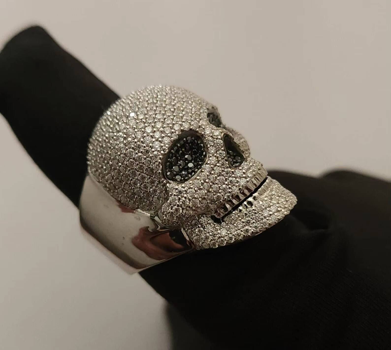 HipHop Style Fine Sterling Silver Skull Ring Best Prices Unisex Round Moissanite Diamond Rings Micro Pave